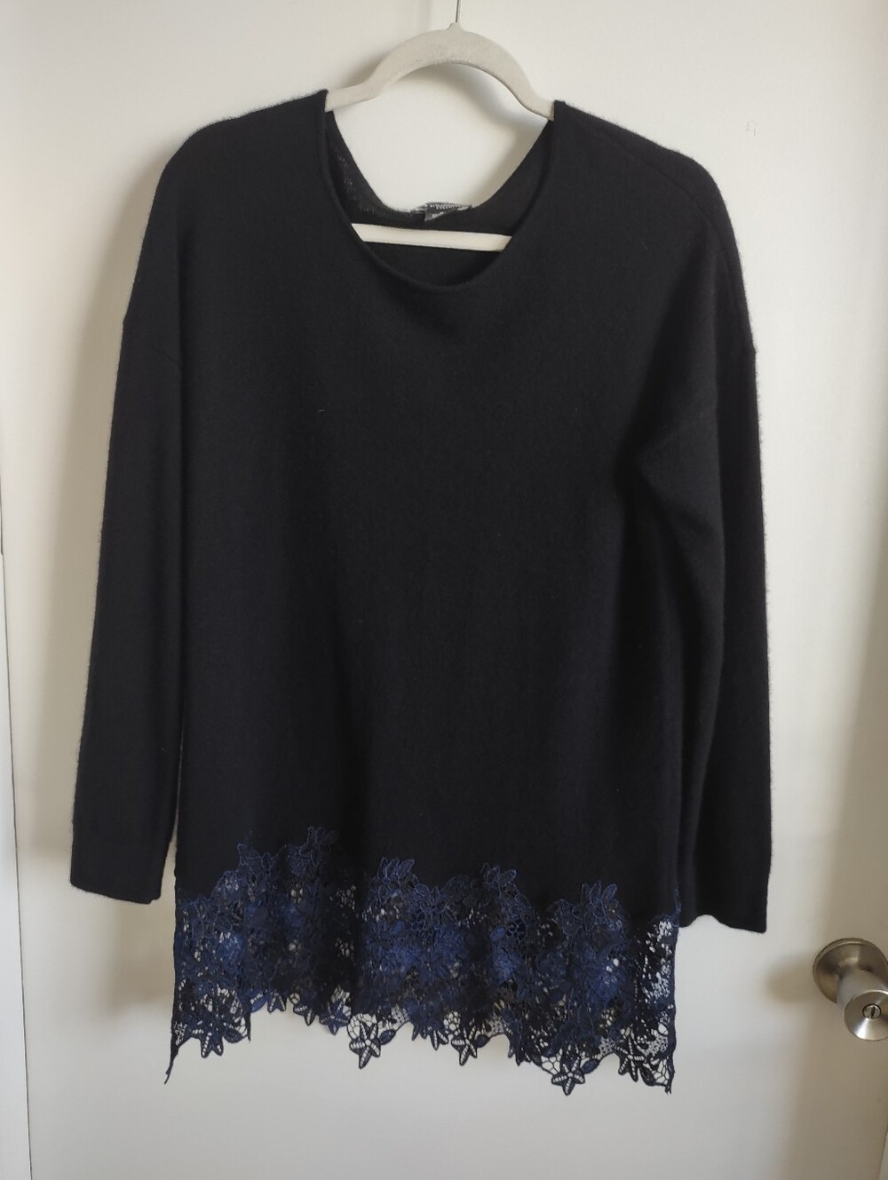 Women's Black Sweater with Navy Lace Hem